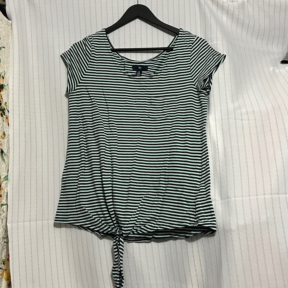 GAP, Teal Stripe, Micro Sleeve, Pocket And Tie Front T